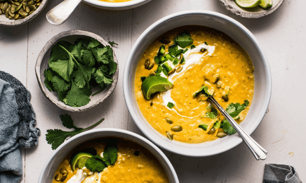 Overhead shot of creamy poblano soup that is swirled with sour cream and topped with pepitas.