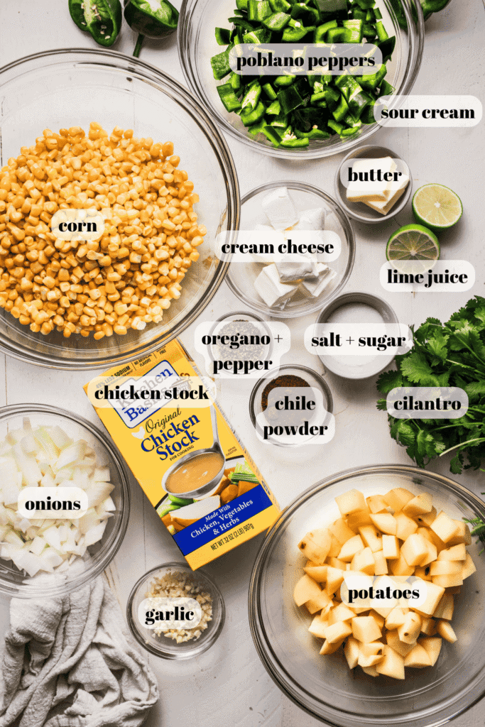 Ingredients for poblano soup labeled on counter.