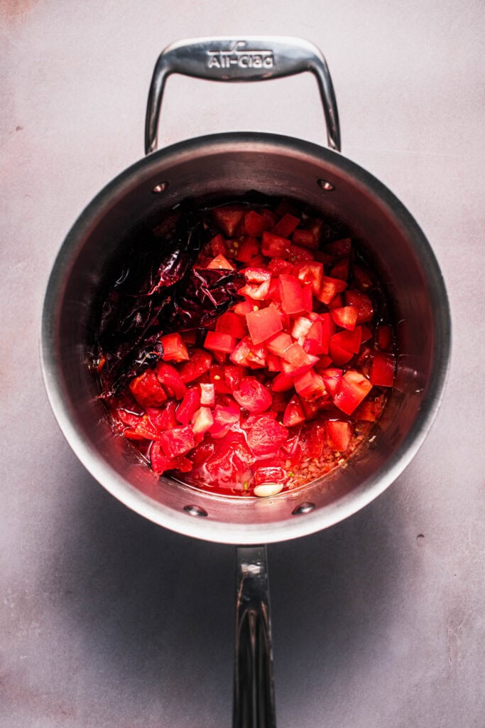 Tomatoes in saucepan.