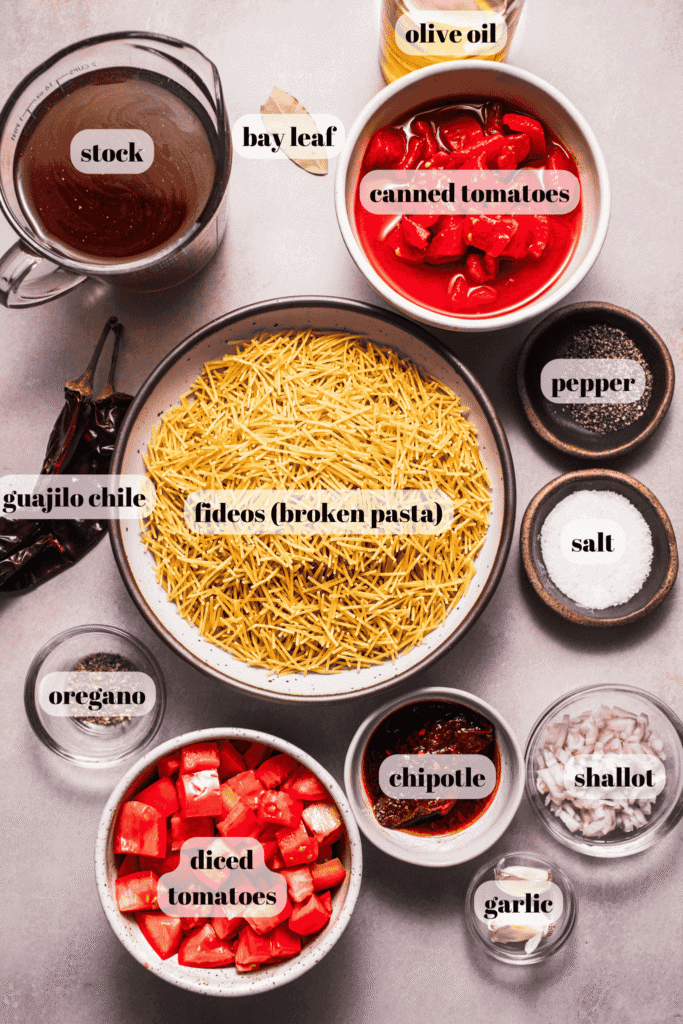 Ingredients for fideo seco labeled on counter.