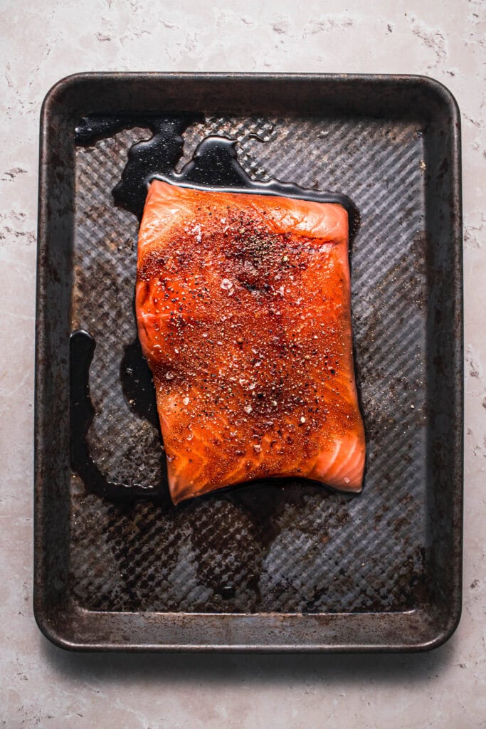 Salmon filet on baking sheet