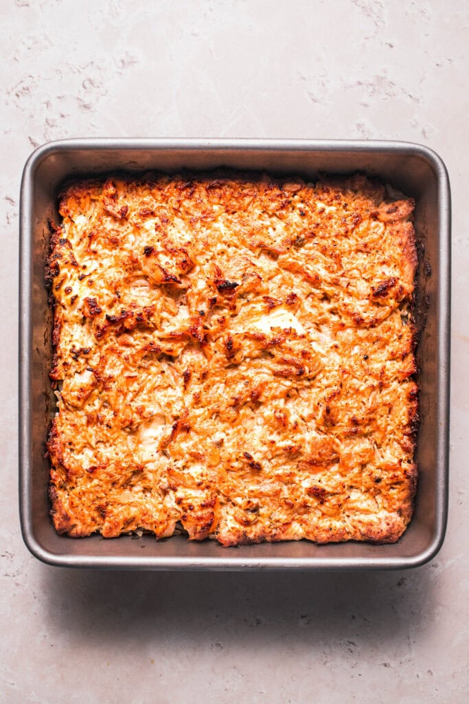 Finished sushi bake in baking pan after cooking.