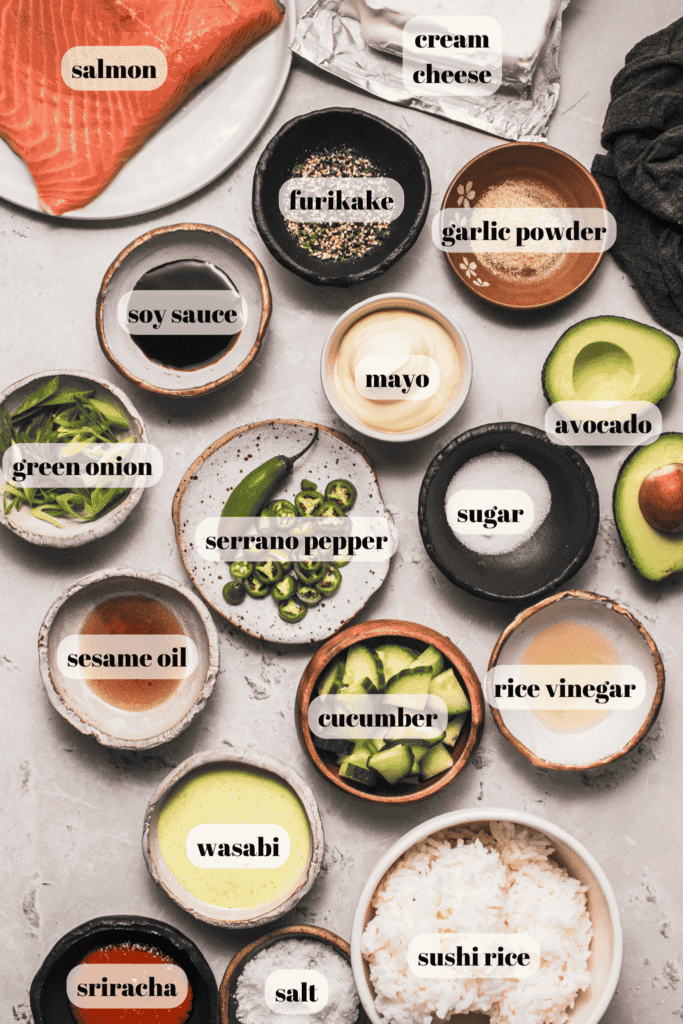 Ingredients for salmon sushi bake on counter. 