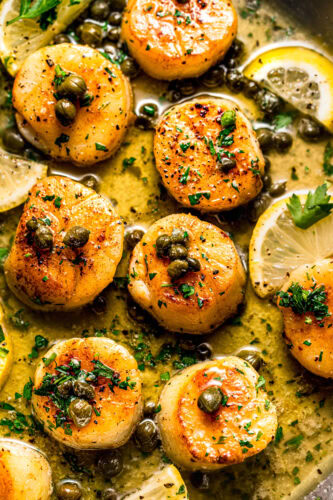 Overhead close up of scallop piccata topped with capers and served alongside lemon slices.