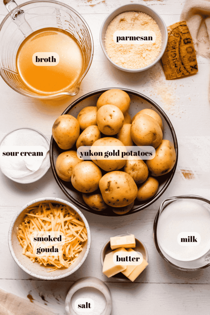 Ingredients for gouda mashed potatoes labeled on counter.