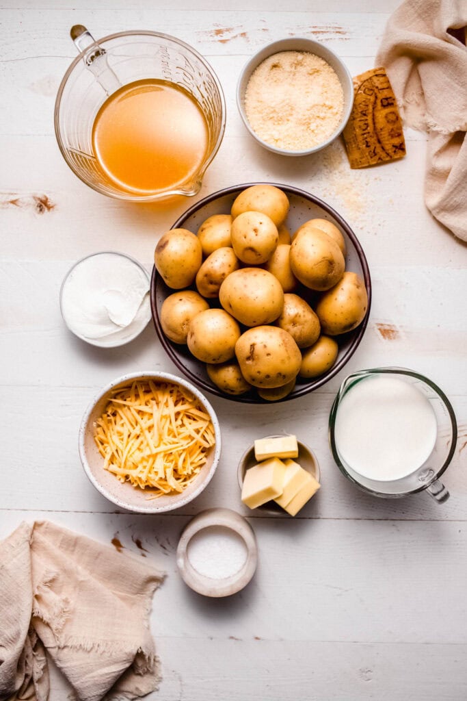 INGREDIENTS FOR GOUDA MASHED POTATOES ON COUNTER.