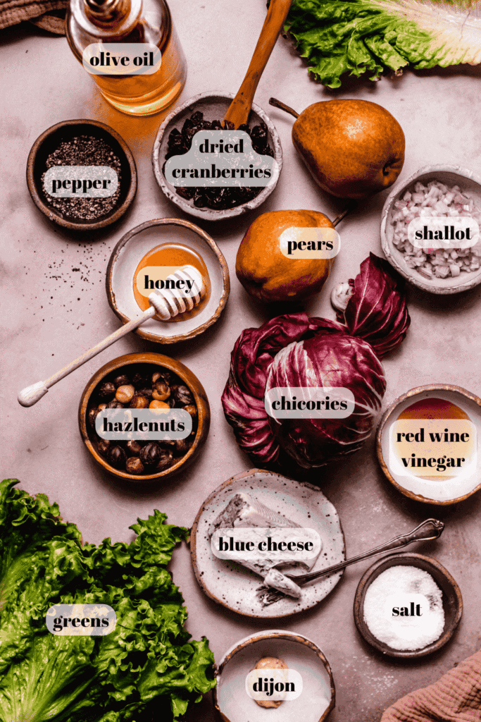 Ingredients for Thanksgiving salad labeled on counter. 