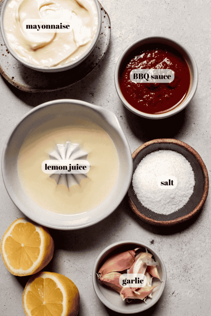 Ingredients for bbq aioli labeled on counter. 
