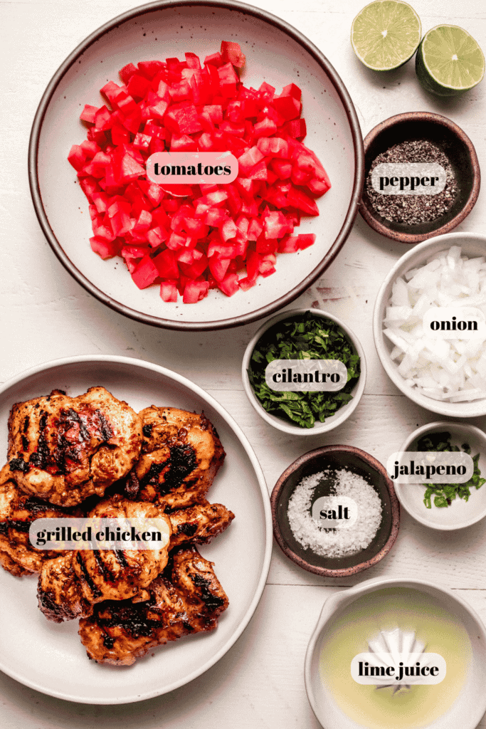 Ingredients for pico de gallo chicken labeled on counter. 
