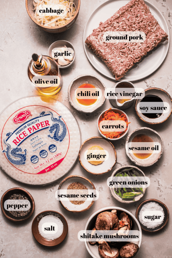 Rice paper dumplings ingredients labeled on counter. 