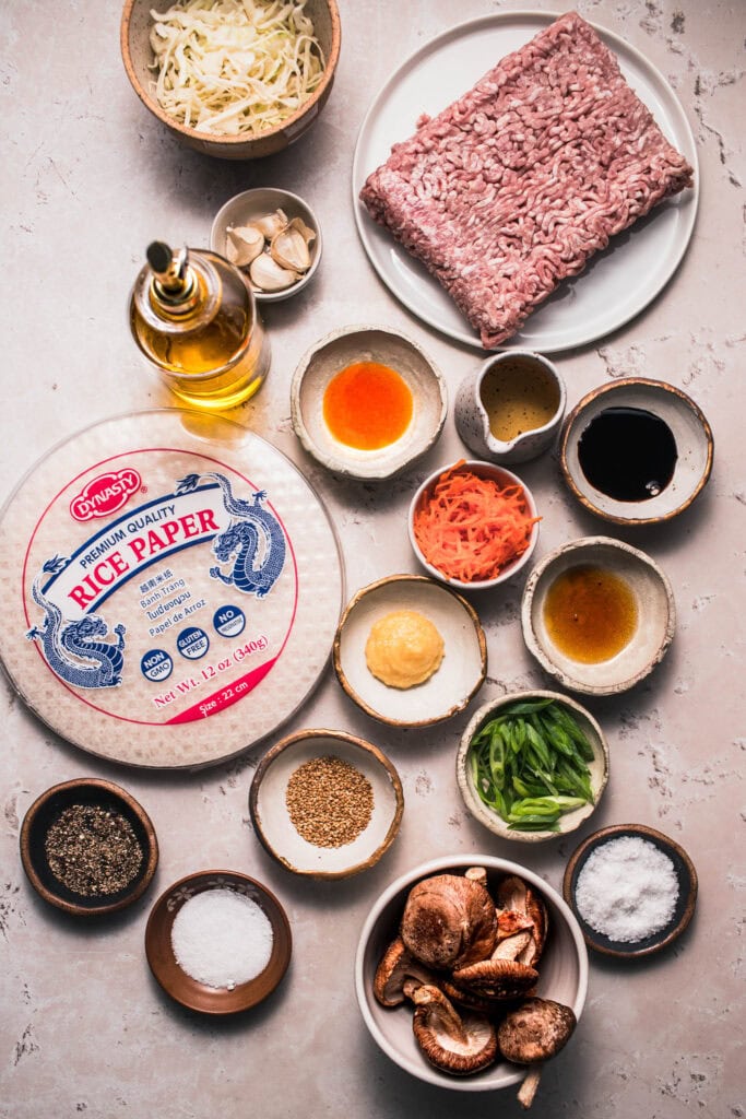 Ingredients for rice paper dumplings on counter.