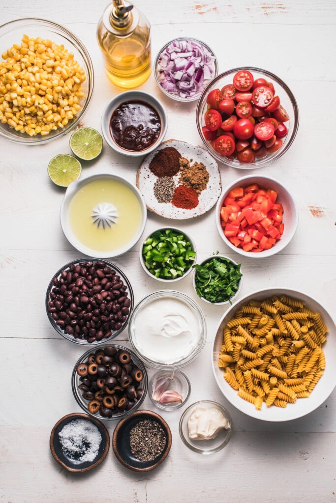 Ingredients for Mexican Pasta Salad on counter.