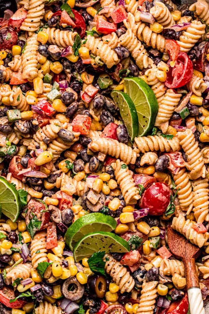 Overhead extreme close up of Mexican pasta salad.