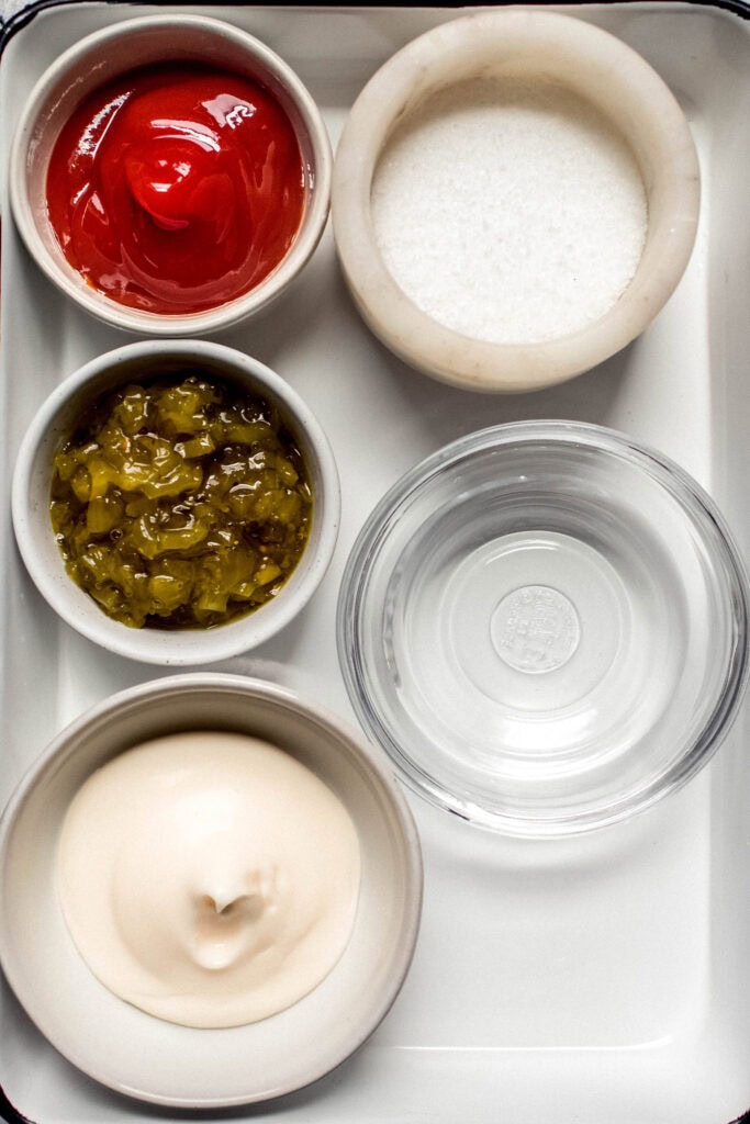 Ingredients for smashburger sauce on counter.