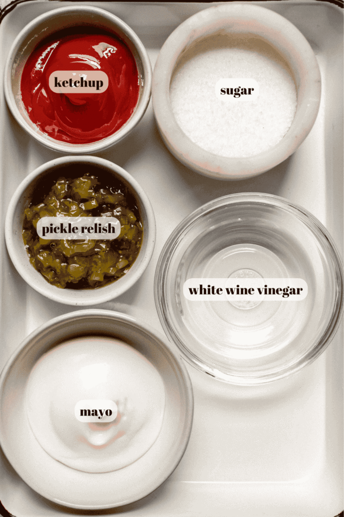 Ingredients for smashburger sauce labeled on counter.