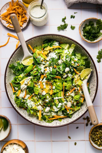 Prepared Mexican caesar salad in serving bowl.