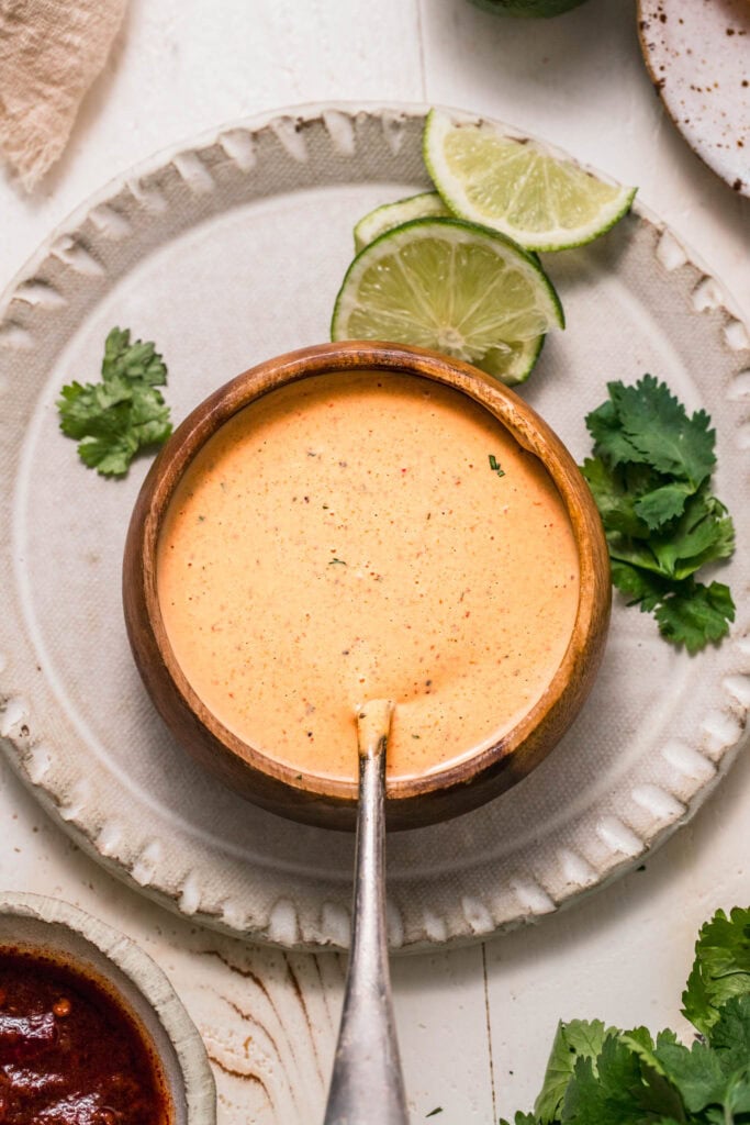 Spoon in bowl of chipotle ranch dip.