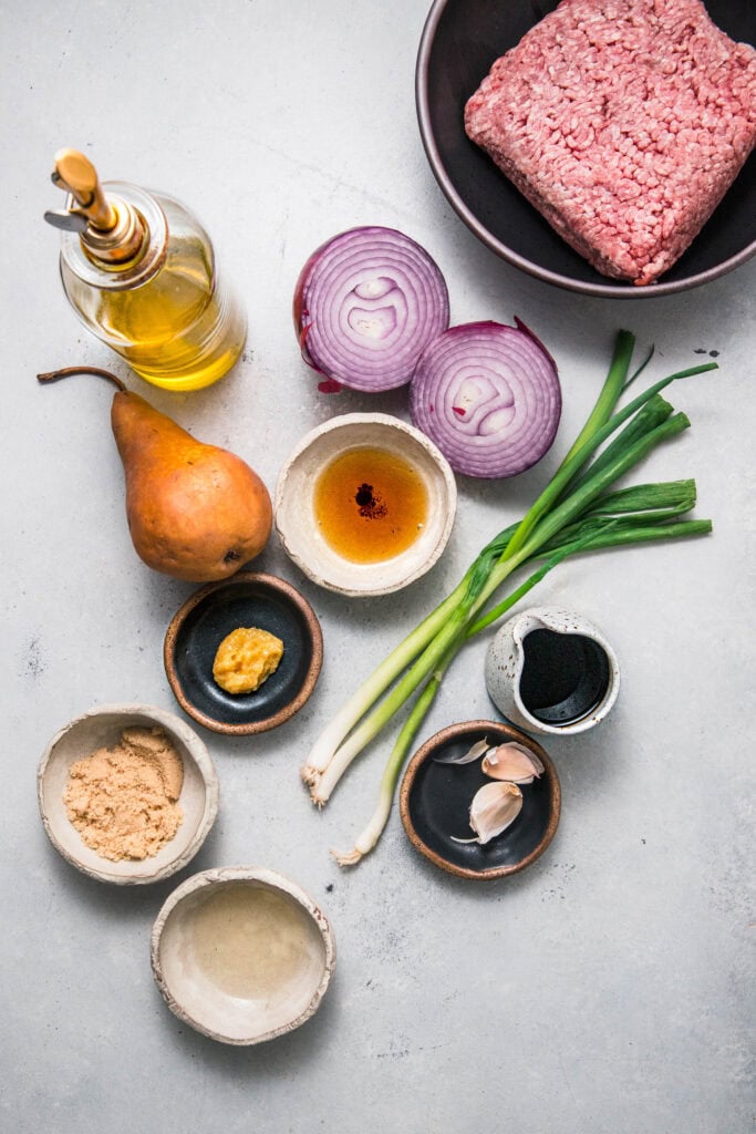 Ingredients for korean beef bowls on counter.