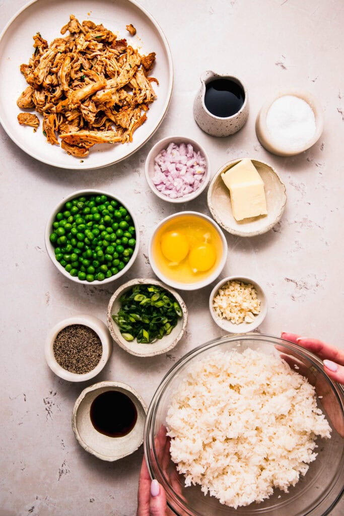 Ingredients for rotisserie chicken fried rice on counter.