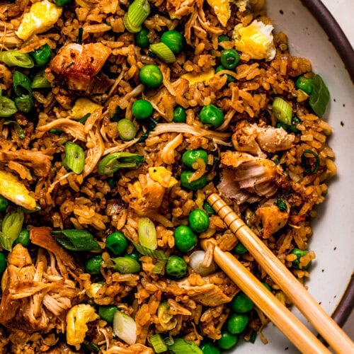 Overhead close up of rotisserie chicken fried rice.