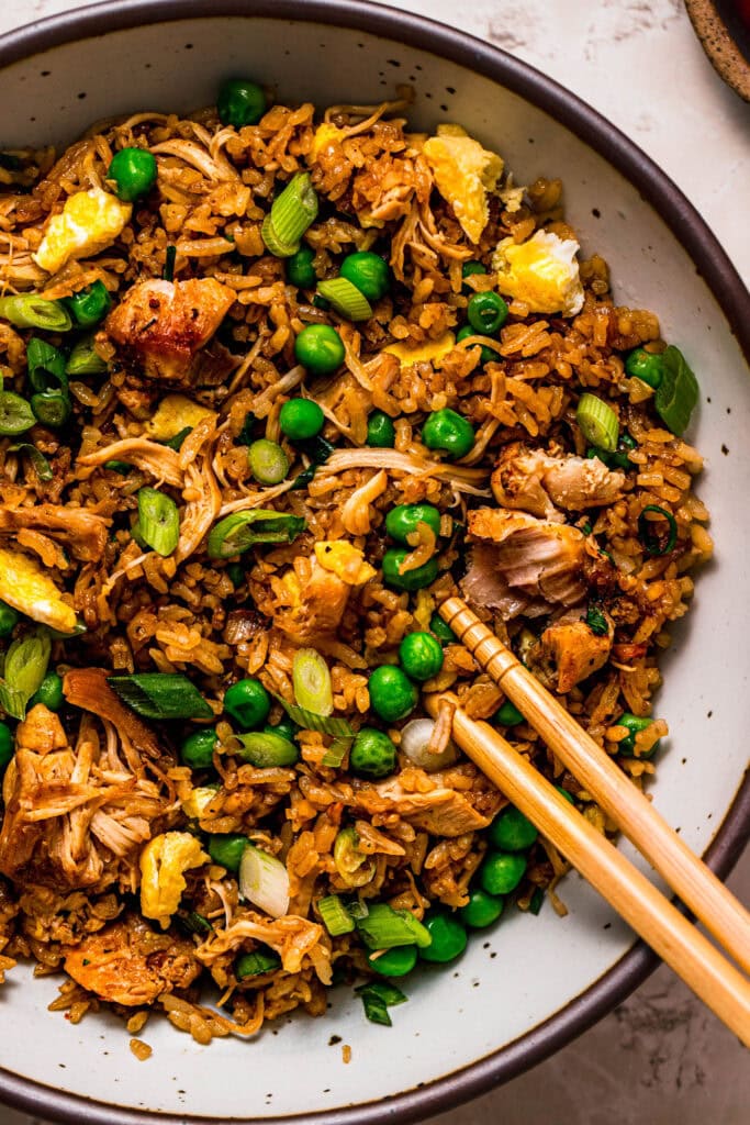 Overhead close up of rotisserie chicken fried rice.