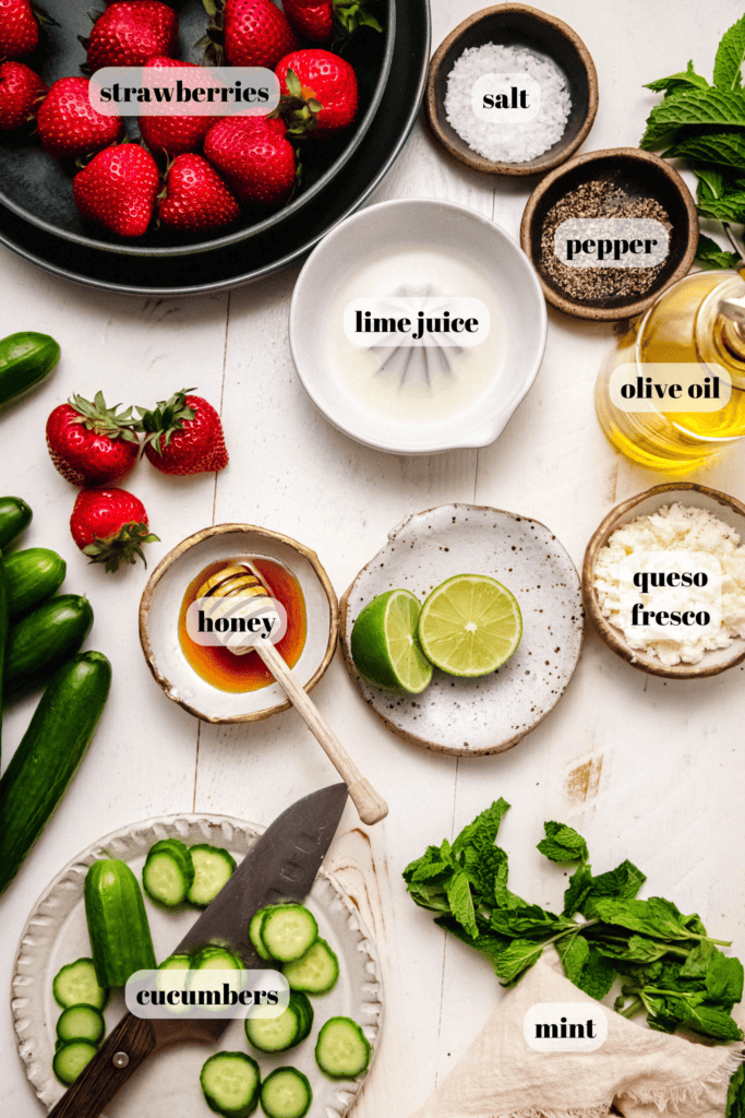 Ingredients for strawberry cucumber salad labeled on counter