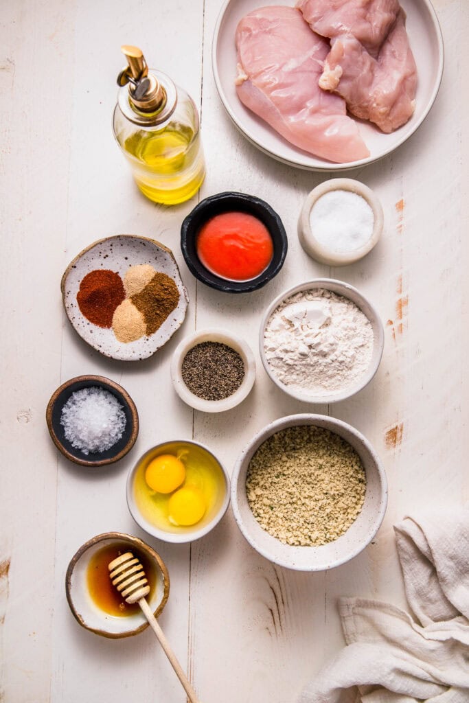 Ingredients for hot honey chicken on counter.