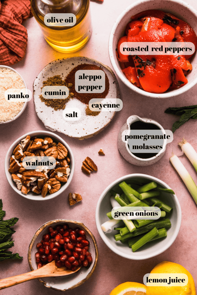 Ingredients for muhammara dip labeled on counter.