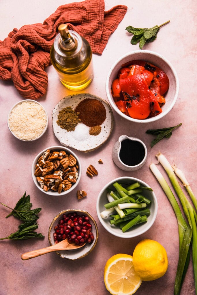Ingredients for muhammara dip on counter.