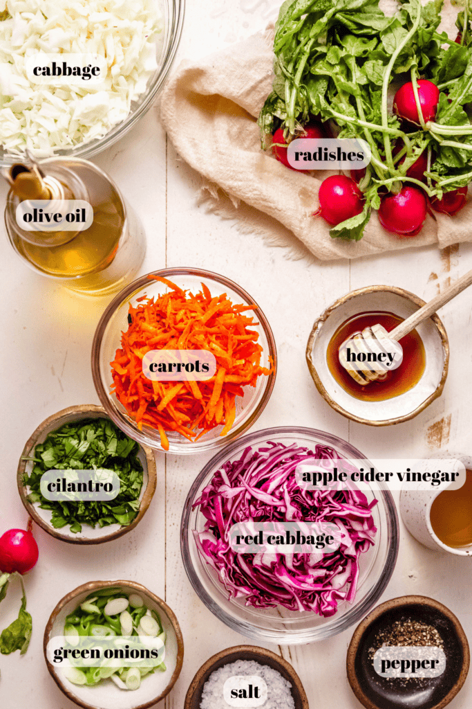 Ingredients for radish slaw on counter.