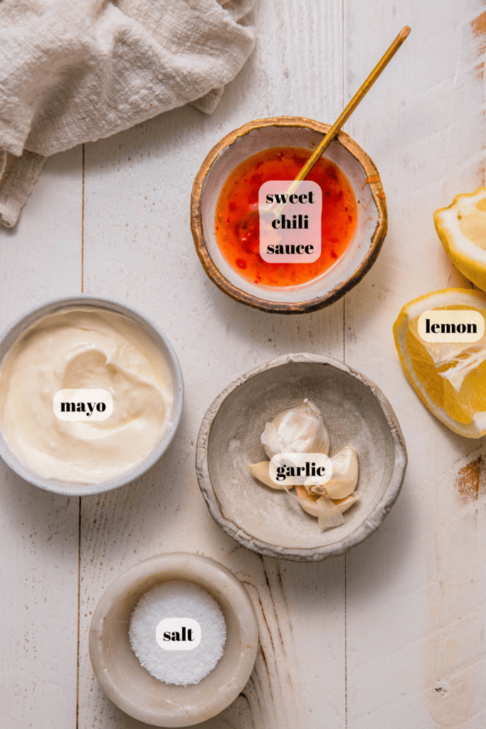 Ingredients for sweet chili aioli on counter.