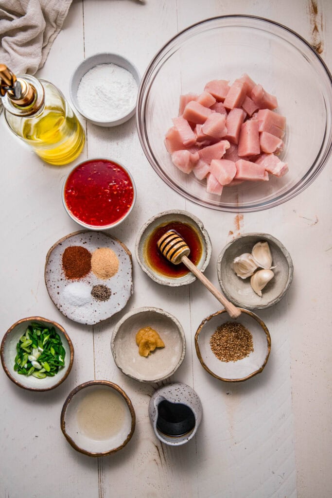 Ingredients for sweet chili chicken on counter.