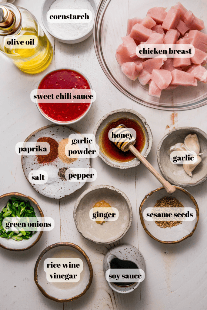 Ingredients for sweet chili chicken on counter.