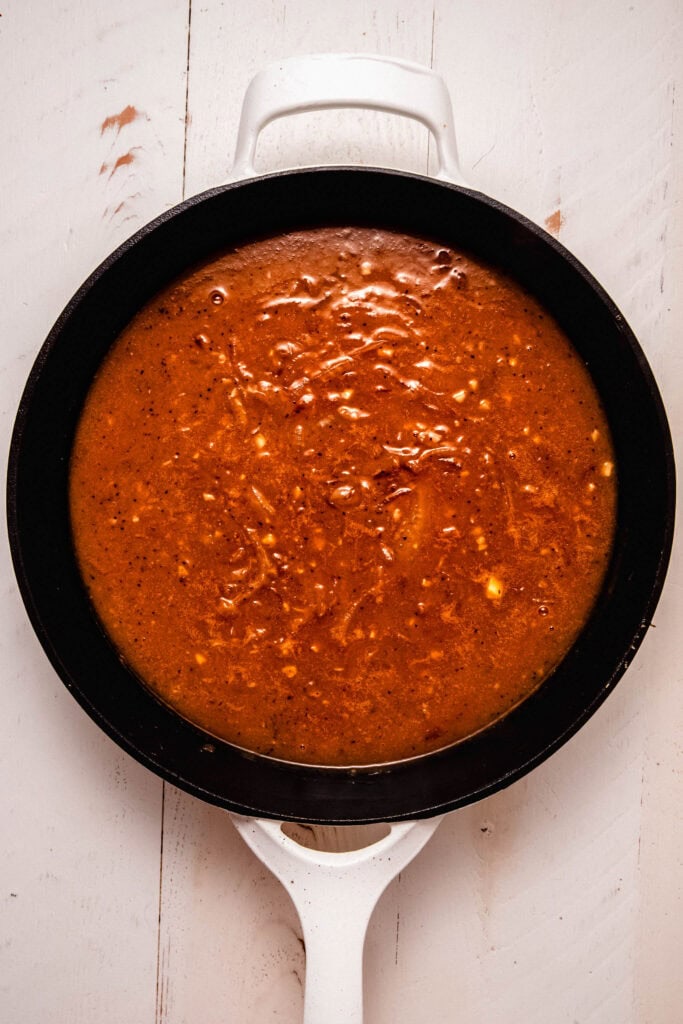 Onion gravy in skillet.