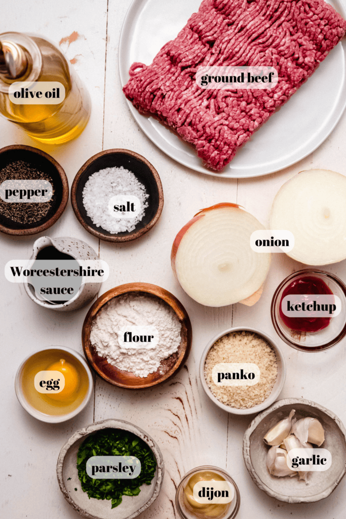 Ingredients for salisbury steak labled meatballs on counter.