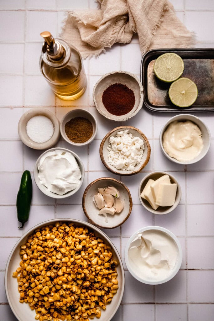 Ingredients for street corn dip on counter.