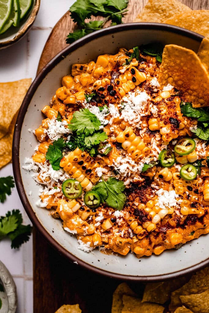 Overhead close up of bowl of elote dip.