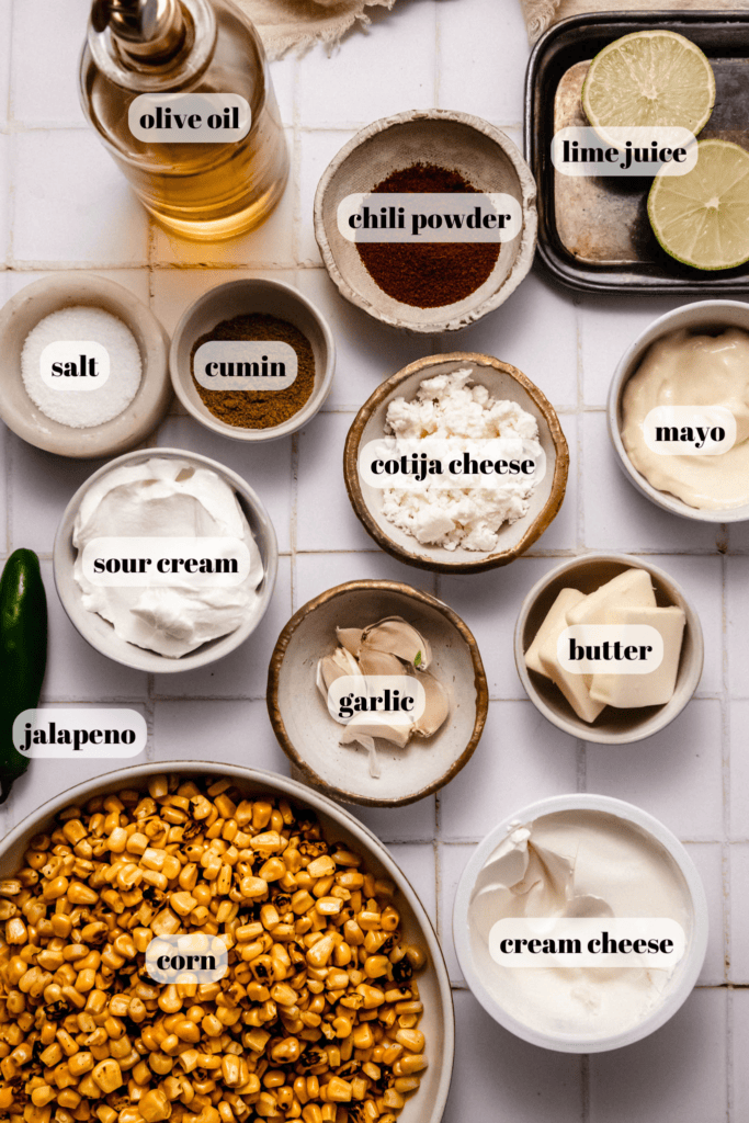Ingredients for street corn dip on counter.