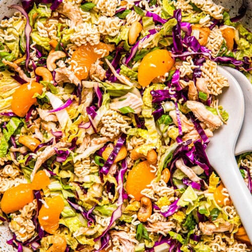 Overhead close up of prepared chinese chicken salad with ramen.