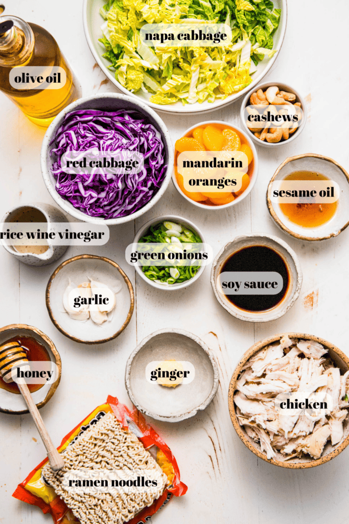 Ingredients for chinese chicken salad on counter.