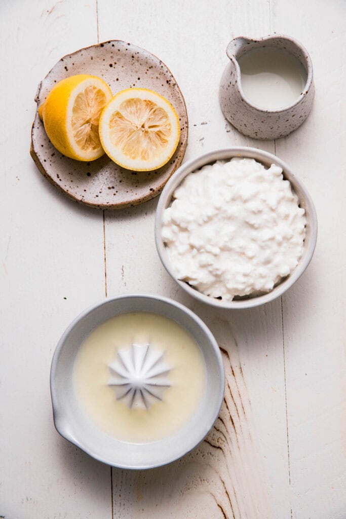 Ingredients to make sour cream from cottage cheese on counter.