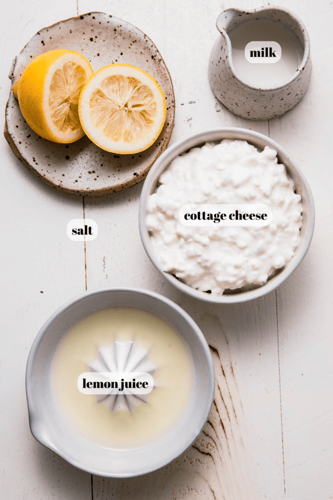 Ingredients to make sour cream from cottage cheese on counter.