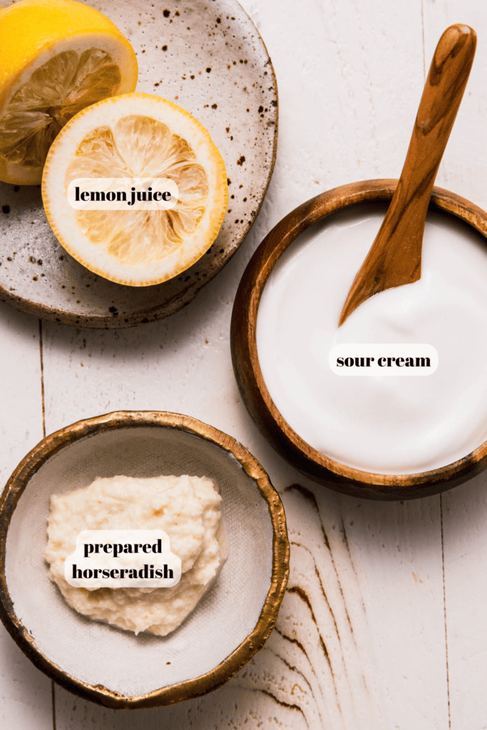INGREDIENTS FOR CREAMY HORSERADISH SAUCE ON COUNTER.