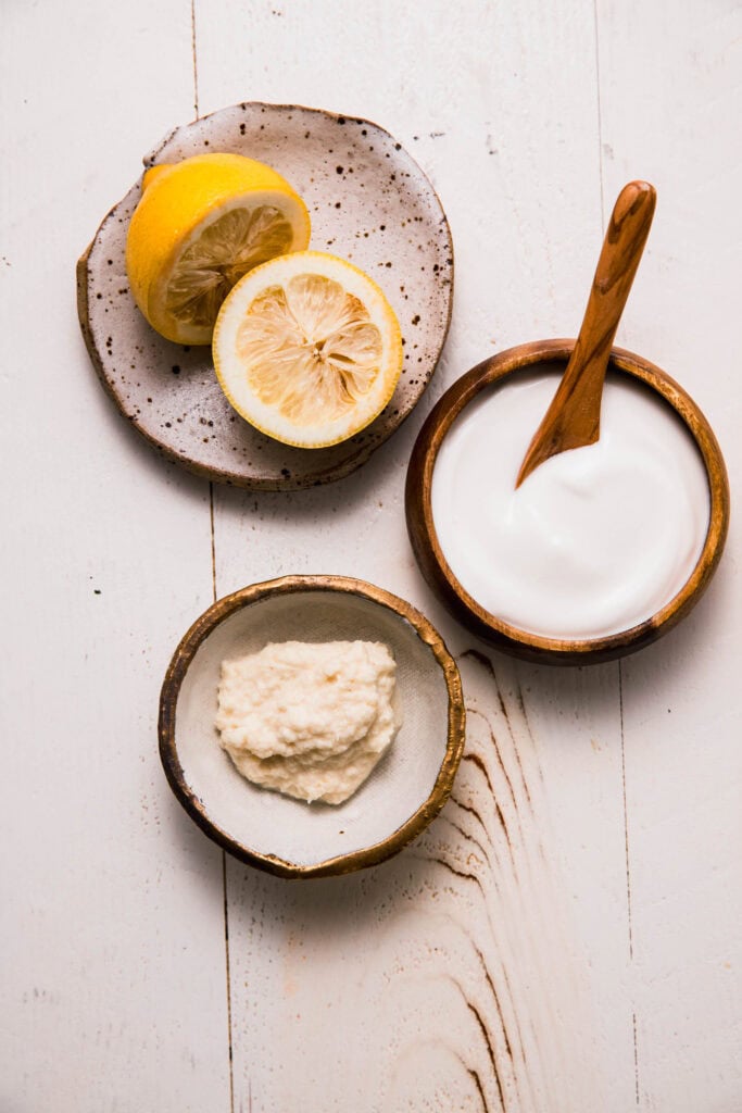 INGREDIENTS FOR CREAMY HORSERADISH SAUCE ON COUNTER.