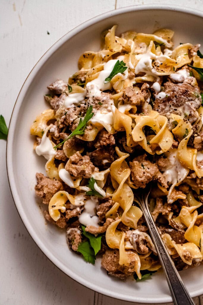 Overhead close up of ground turkey stroganoff in serving bowl.