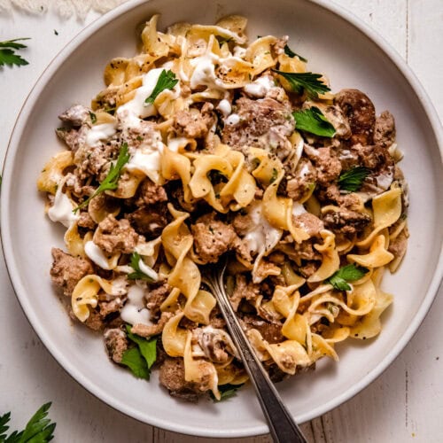 Ground turkey stroganoff in white serving bowl with spoon.