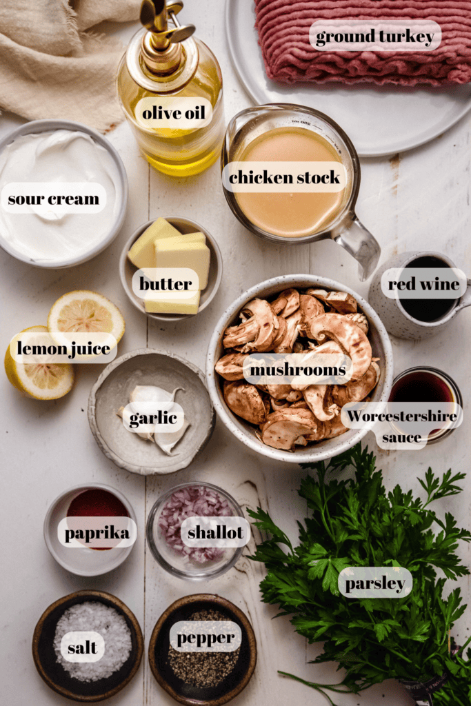 Ingredients for ground turkey stroganoff labeled on counter.