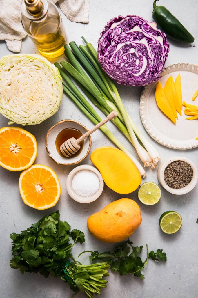 Ingredients for mango slaw on counter.
