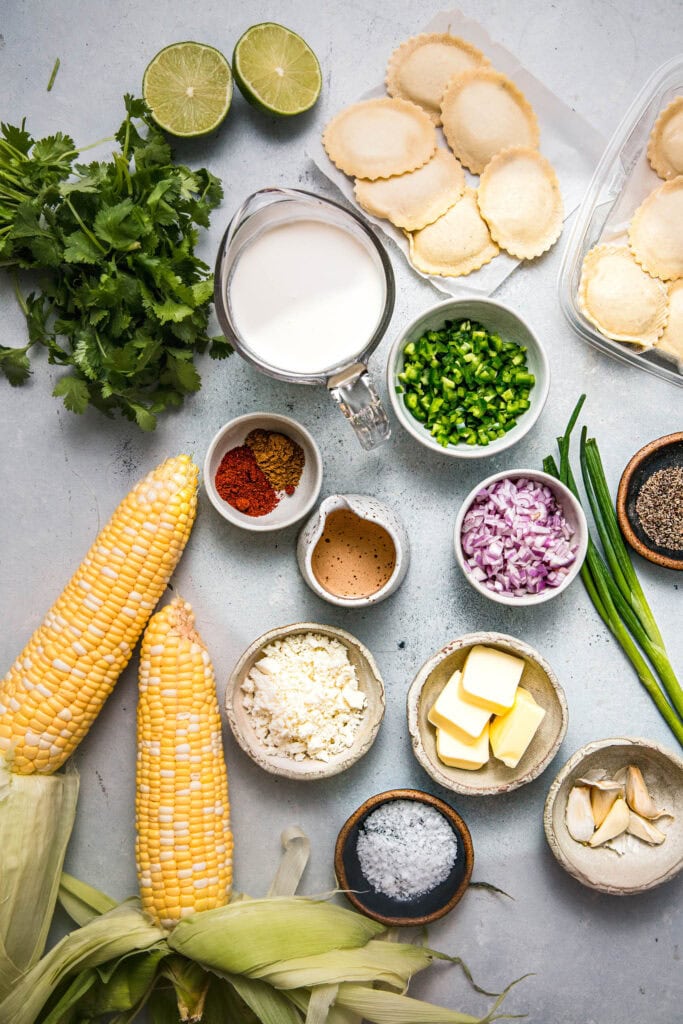 Ingredients for street corn ravioli on counter.