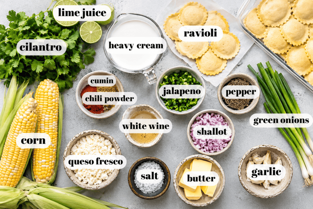 Ingredients for street corn ravioli labeled on counter.